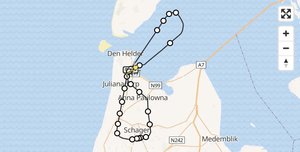 Routekaart van de vlucht: Kustwachthelikopter naar Vliegveld De Kooy, Oostoeverweg