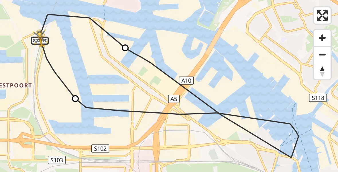 Vluchtroute Traumahelikopter van Amsterdam Heliport naar Amsterdam Heliport
