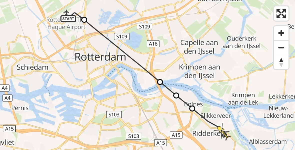 Routekaart van de vlucht: Lifeliner 2 naar Ridderkerk, G.K. van Hogendorpweg
