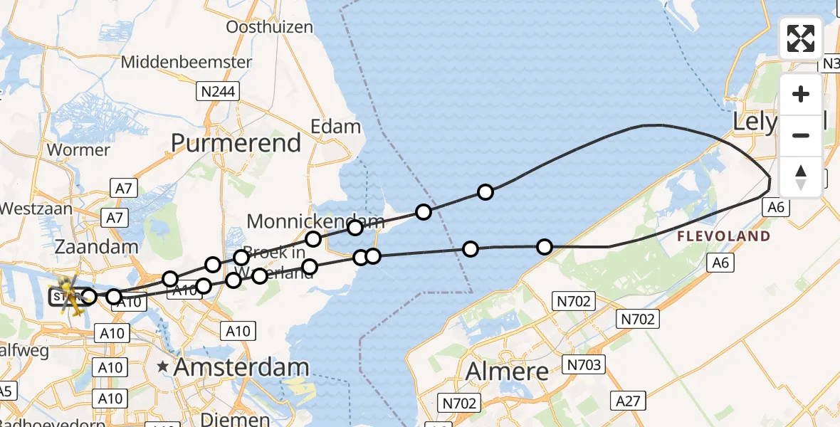 Vluchtroute Traumahelikopter van Amsterdam Heliport naar Amsterdam Heliport