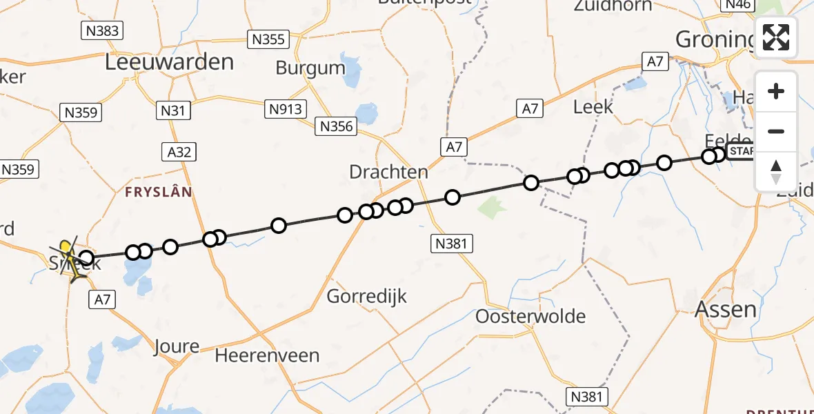 Routekaart van de vlucht: Lifeliner 4 naar Sneek, Veldkampweg