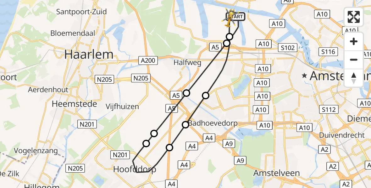 Vluchtroute Traumahelikopter van Amsterdam Heliport naar Amsterdam Heliport