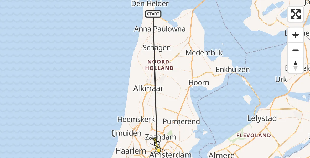 Routekaart van de vlucht: Kustwachthelikopter naar Amsterdam Heliport, Hornweg