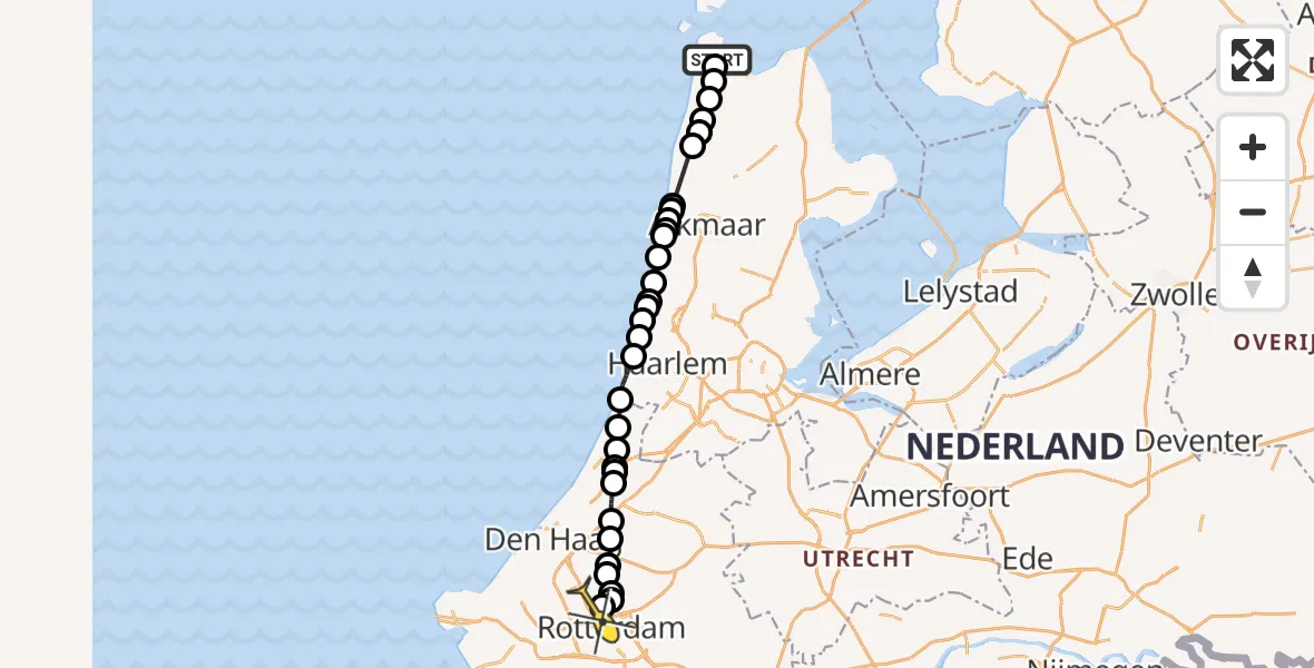 Routekaart van de vlucht: Kustwachthelikopter naar Rotterdam The Hague Airport, Maria's hoeve