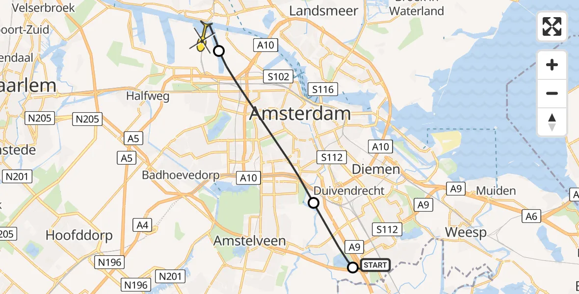 Routekaart van de vlucht: Lifeliner 1 naar Amsterdam Heliport, Holendrechterzijweg