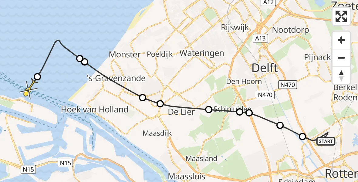 Routekaart van de vlucht: Kustwachthelikopter naar Hoek van Holland, Arlandabaan Platformzijde