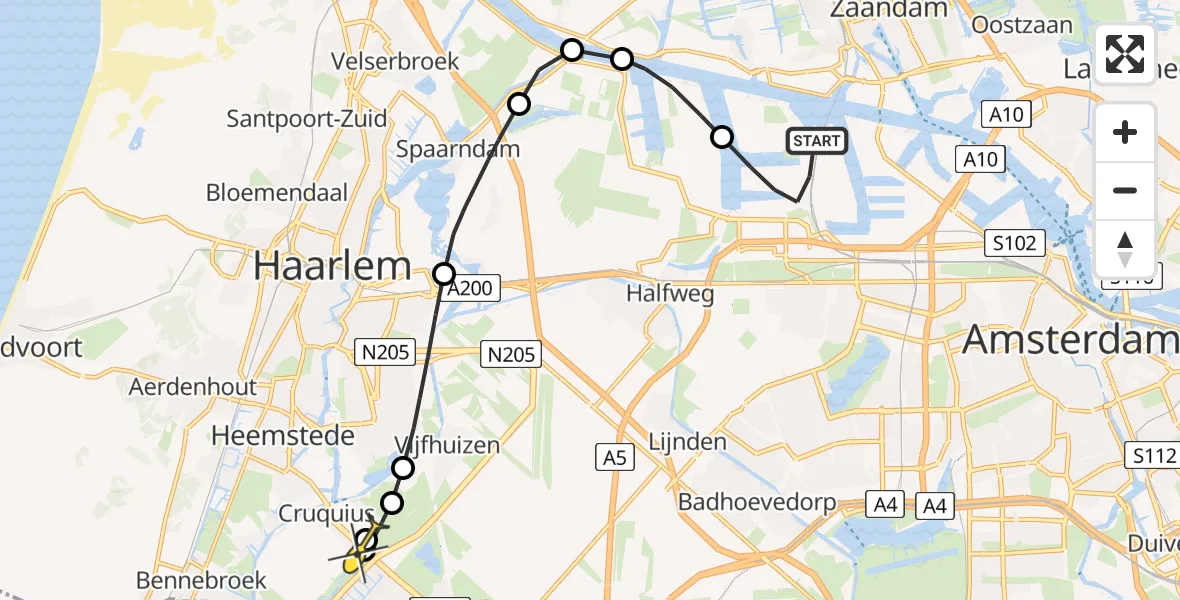 Routekaart van de vlucht: Lifeliner 1 naar Cruquius, Nieuw-Zeelandweg