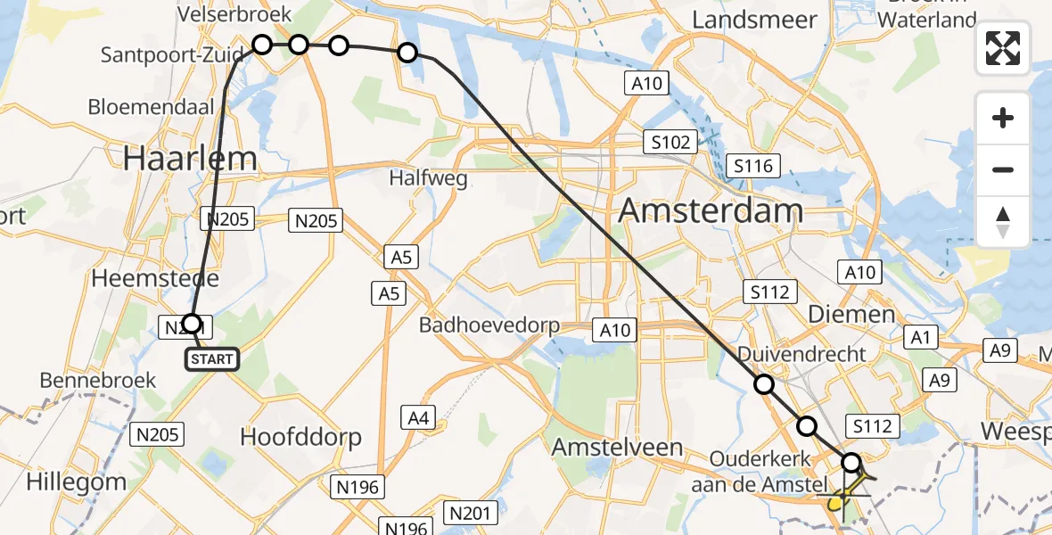 Routekaart van de vlucht: Lifeliner 1 naar Academisch Medisch Centrum (AMC), Cruquiusdijk