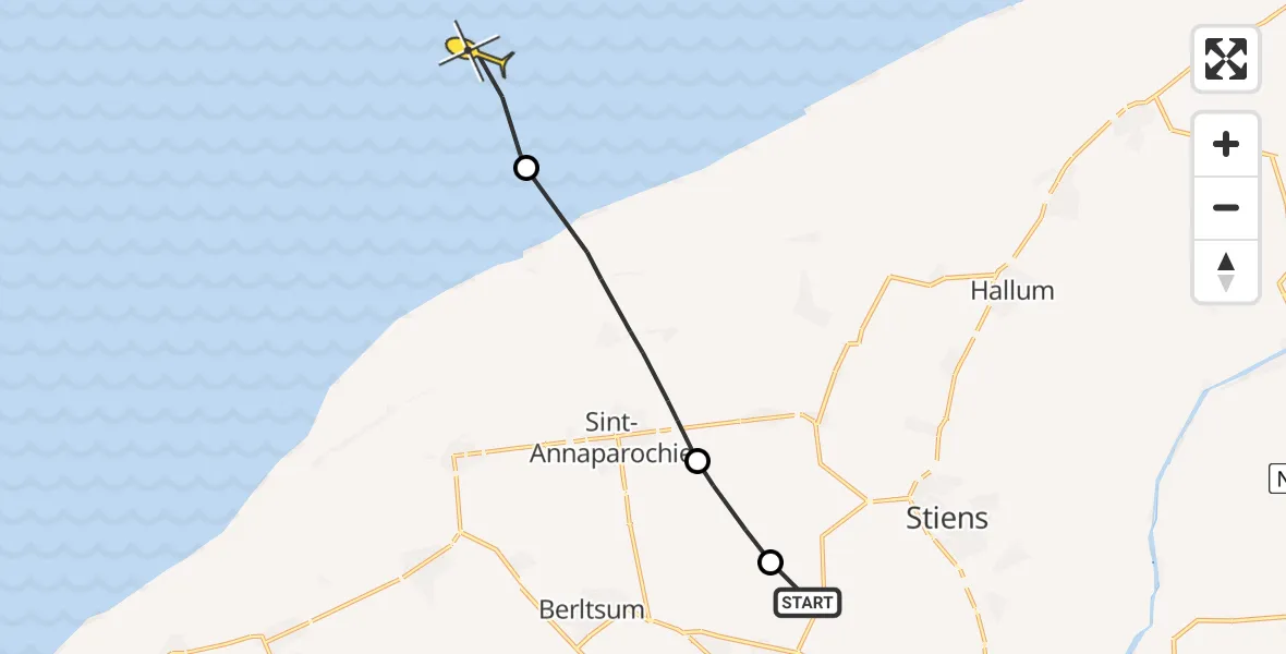 Routekaart van de vlucht: Ambulancehelikopter naar Oosterend, Hamerenweg