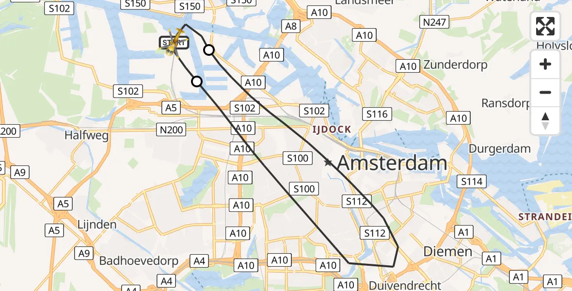 Vluchtroute Traumahelikopter van Amsterdam Heliport naar Amsterdam Heliport