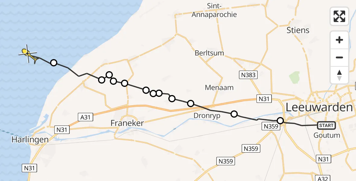 Routekaart van de vlucht: Ambulanceheli naar West-Terschelling, Lorentzkade