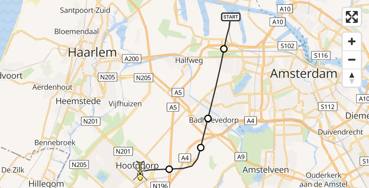 Routekaart van de vlucht: Lifeliner 1 naar Hoofddorp, Westpoort
