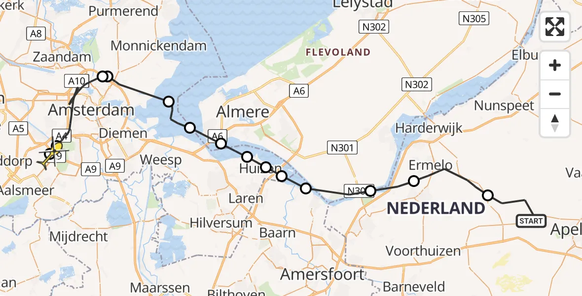 Routekaart van de vlucht: Politieheli naar Schiphol, Vosselt