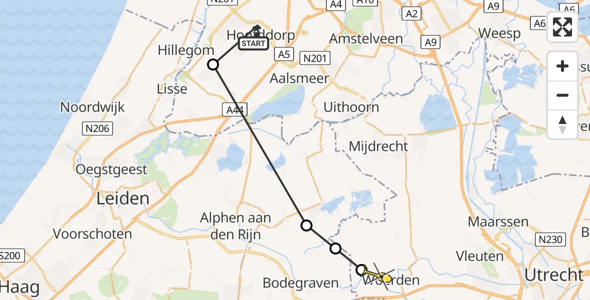 Routekaart van de vlucht: Politieheli naar Woerden, Ter Veenlaan