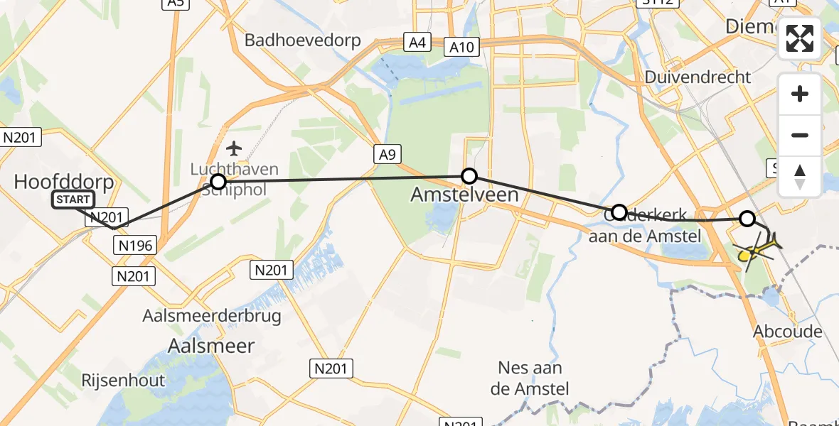 Routekaart van de vlucht: Lifeliner 1 naar Academisch Medisch Centrum (AMC), Antareslaan