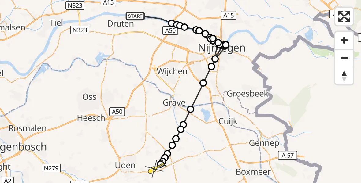 Routekaart van de vlucht: Politieheli naar Vliegbasis Volkel, Waalbandijk