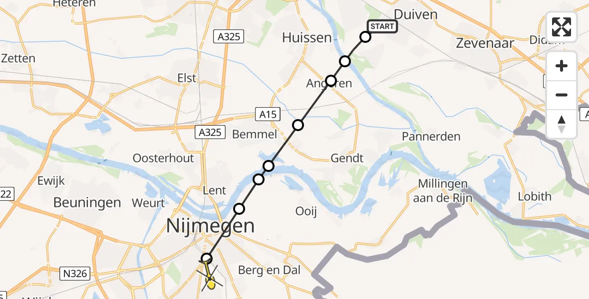 Routekaart van de vlucht: Lifeliner 3 naar Radboud Universitair Medisch Centrum, Het Looveld