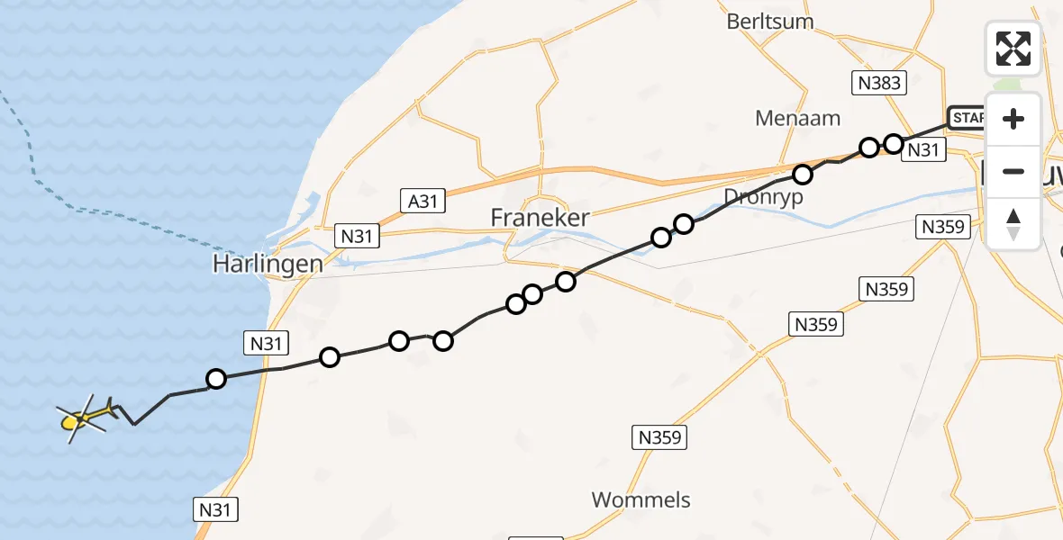 Routekaart van de vlucht: Ambulanceheli naar Harlingen, Rypsterdyk