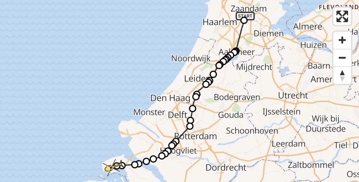 Routekaart van de vlucht: Lifeliner 1 naar Ouddorp, Nieuw-Zeelandweg