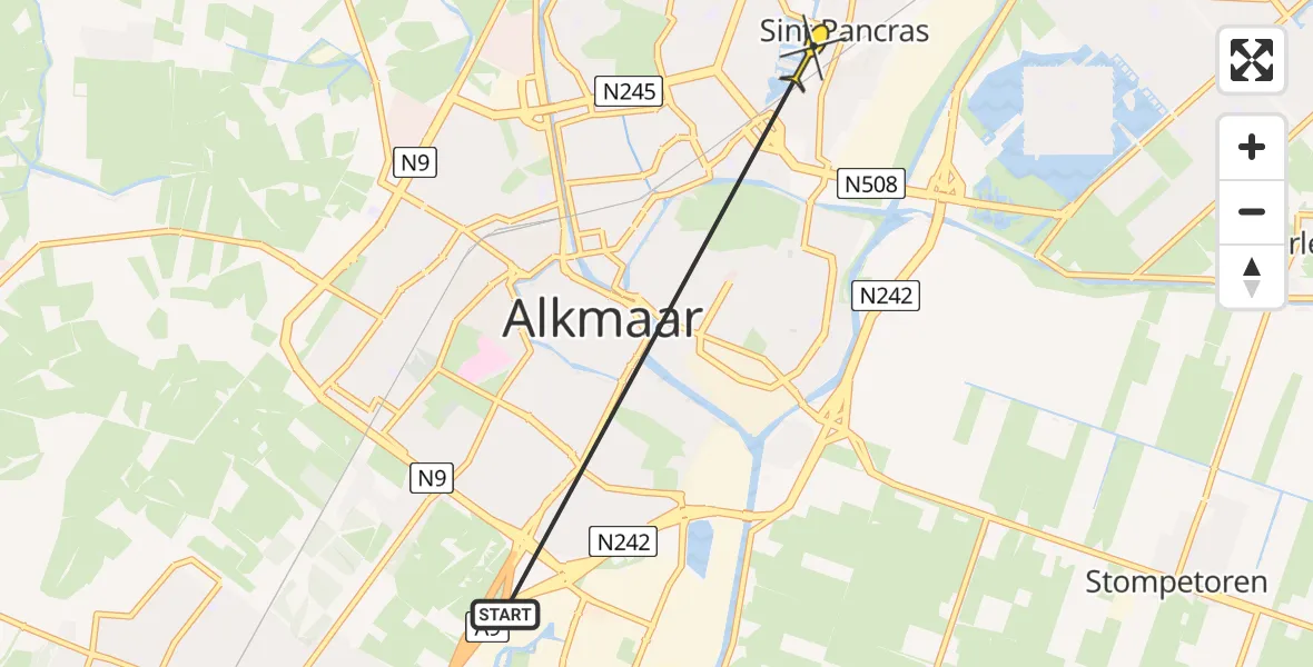 Routekaart van de vlucht: Ambulanceheli naar Sint Pancras, Jan Greshoffstraat