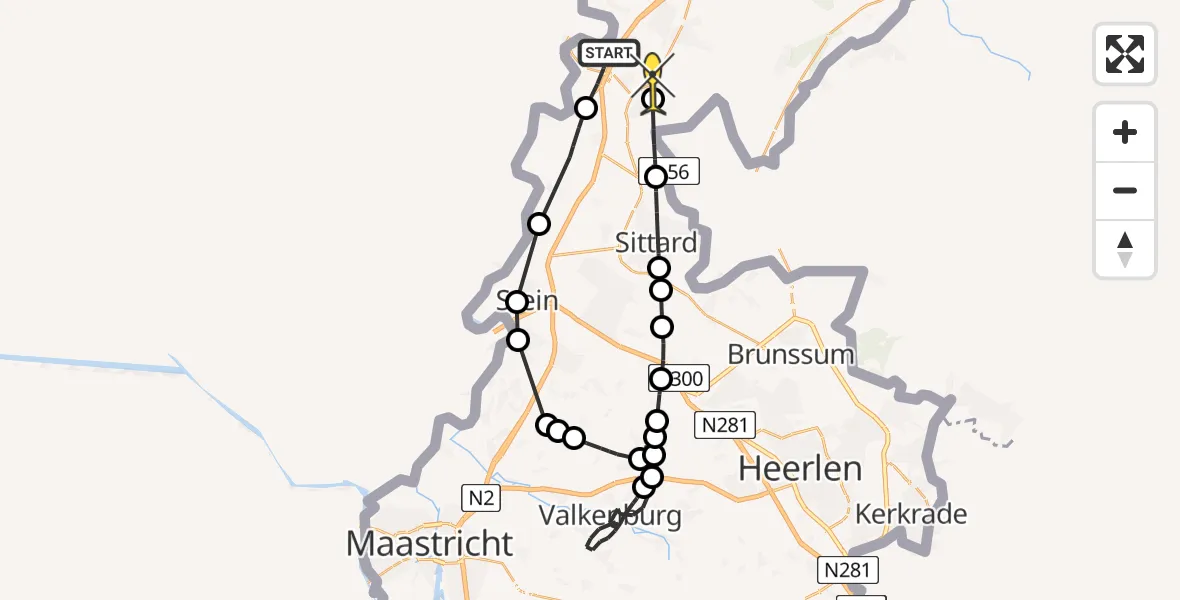 Routekaart van de vlucht: Politieheli naar Susteren, Molenstraat