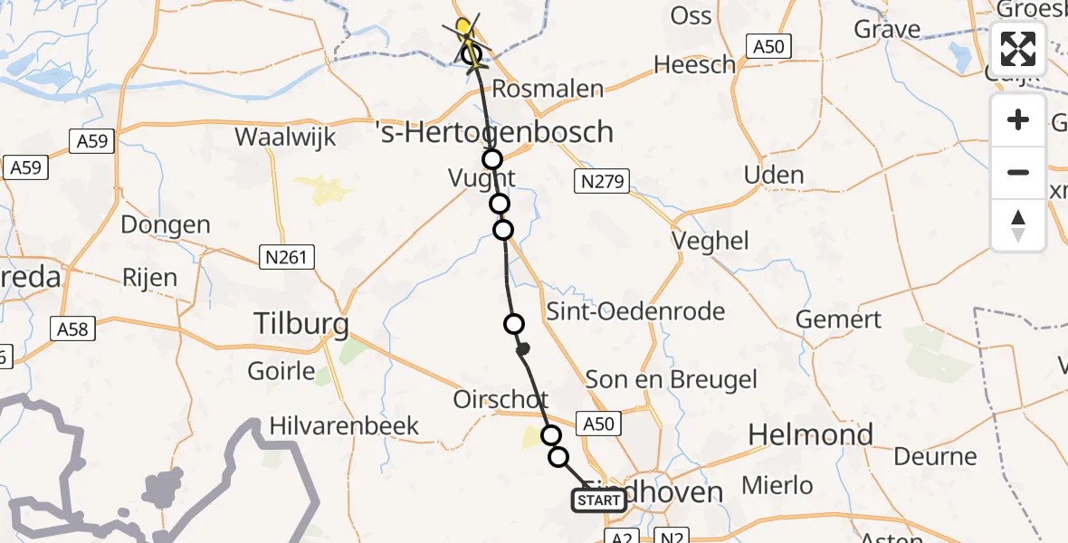 Routekaart van de vlucht: Politiehelikopter naar Hedel, Meerwater