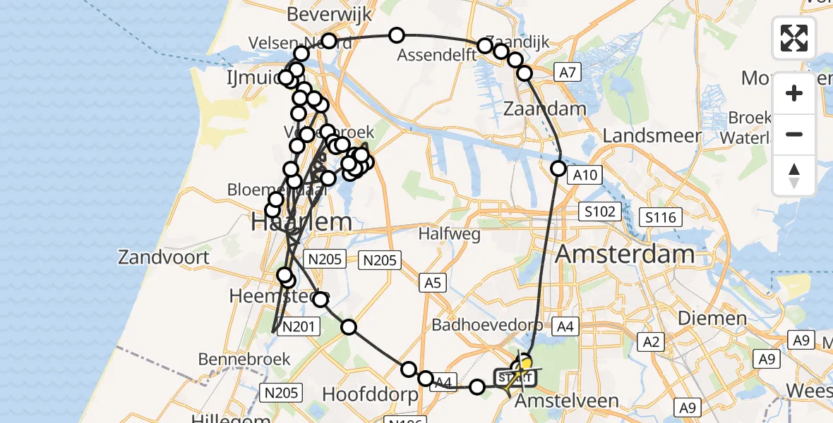 Routekaart van de vlucht: Politieheli naar Schiphol, Amsterdam-Bataviaweg