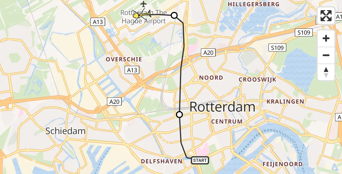 Routekaart van de vlucht: Lifeliner 1 naar Rotterdam The Hague Airport, G.W. Burgerplein