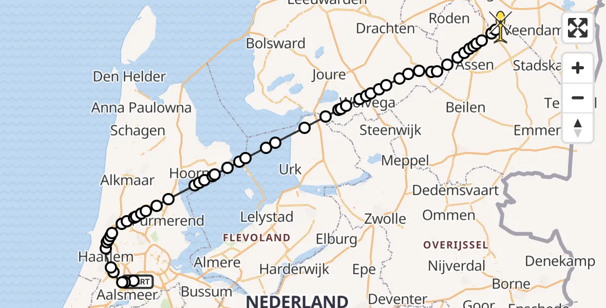 Routekaart van de vlucht: Politiehelikopter naar Midlaren, Ceintuurbaan