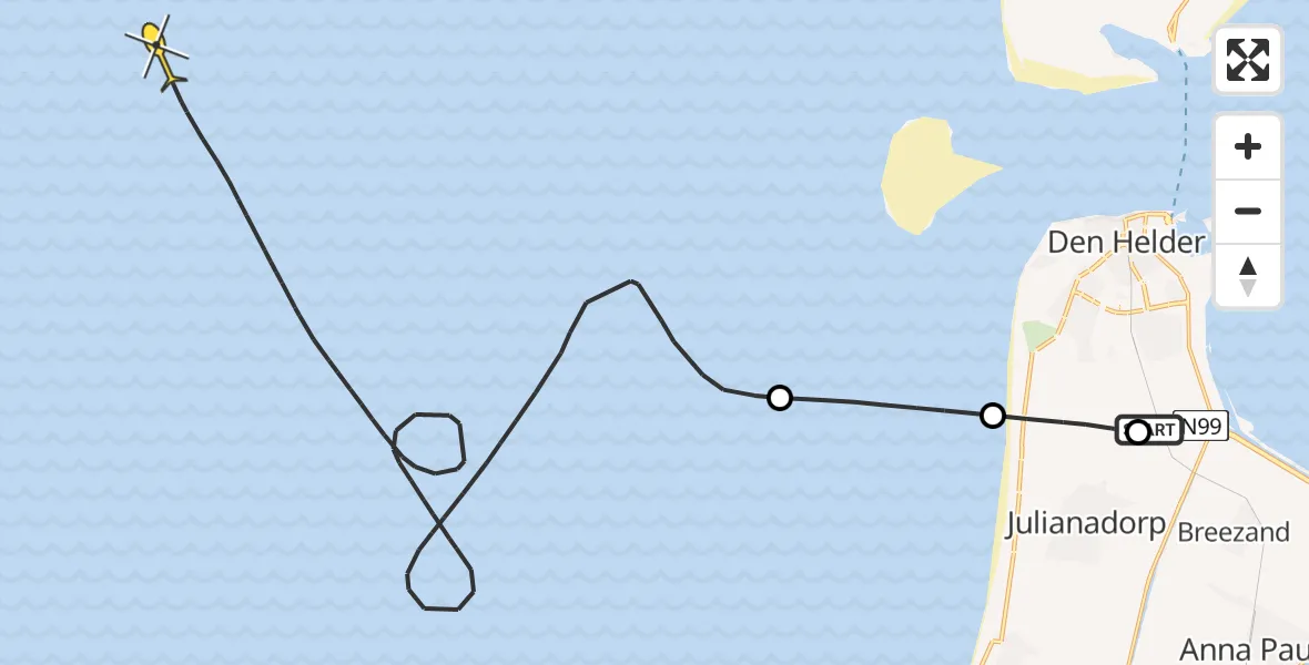 Routekaart van de vlucht: Kustwachthelikopter naar Langevliet