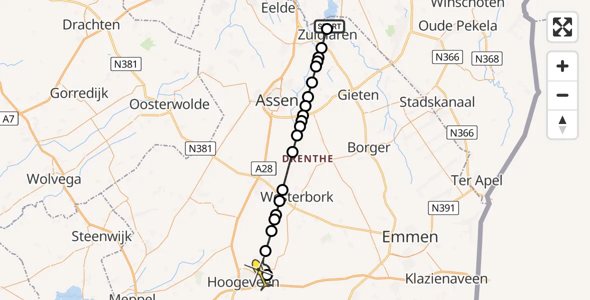 Routekaart van de vlucht: Politieheli naar Vliegveld Hoogeveen, Groningerstraat