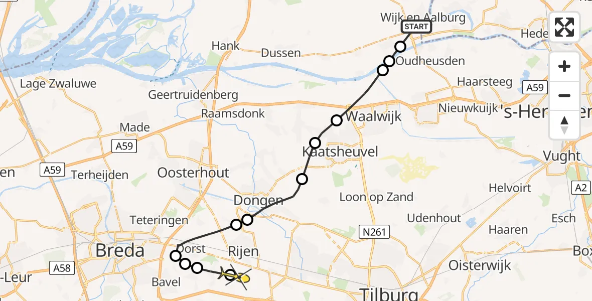 Routekaart van de vlucht: Politieheli naar Vliegbasis Gilze-Rijen, Buitenstraat