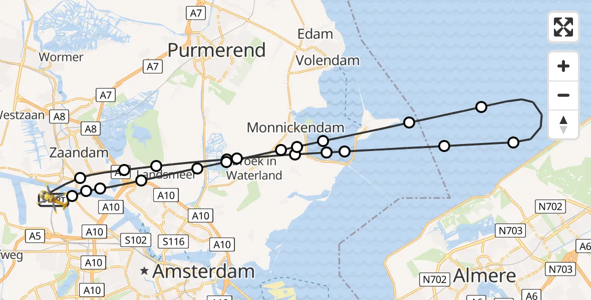 Vluchtroute Traumahelikopter van Amsterdam Heliport naar Amsterdam Heliport