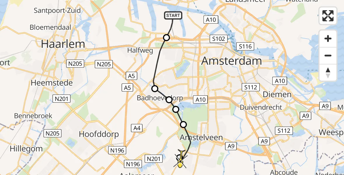 Routekaart van de vlucht: Lifeliner 1 naar Amstelveen, Nieuw-Zeelandweg