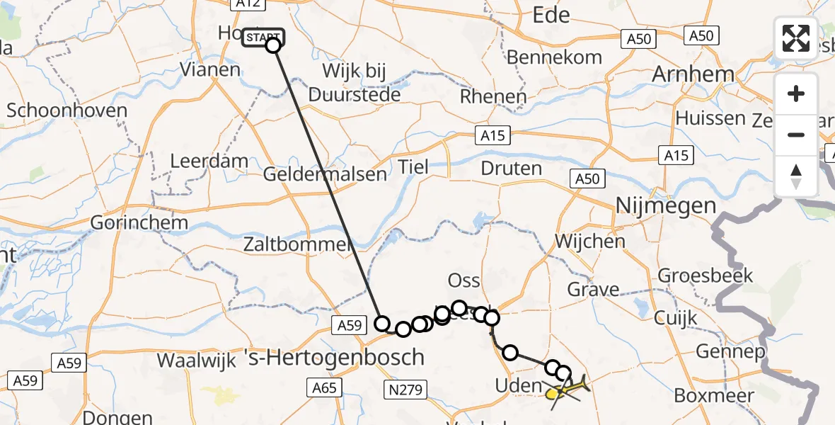 Routekaart van de vlucht: Politieheli naar Vliegbasis Volkel, Beusichemseweg