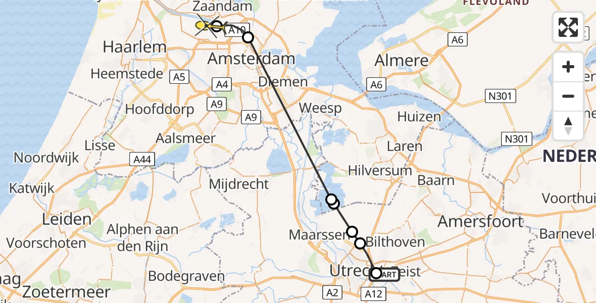 Routekaart van de vlucht: Lifeliner 1 naar Amsterdam Heliport, Toulouselaan