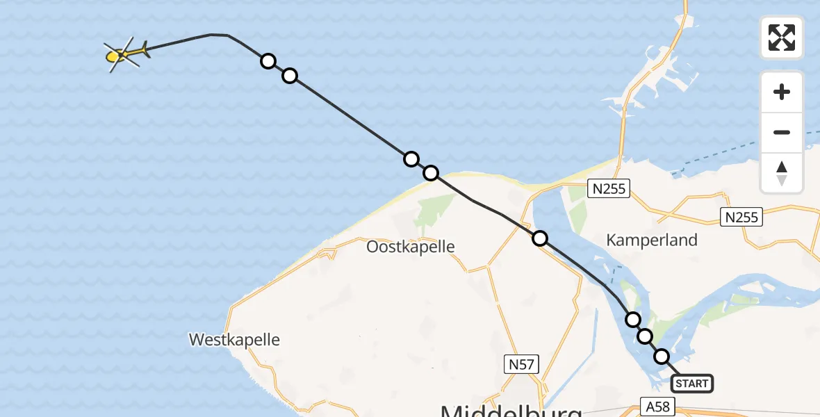 Routekaart van de vlucht: Kustwachthelikopter naar Oranjeplaatweg