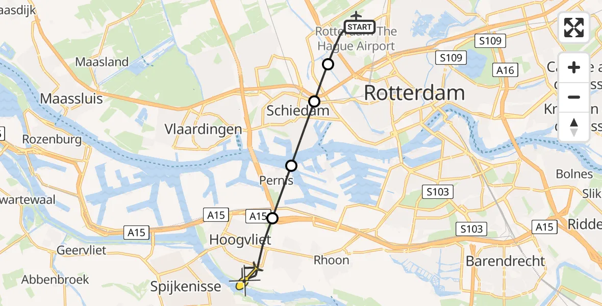 Routekaart van de vlucht: Lifeliner 2 naar Hoogvliet, Linatebaan