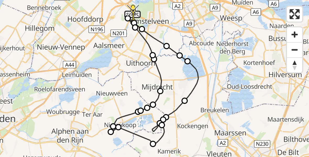 Routekaart van de vlucht: Politieheli naar Schiphol, Amsterdam-Bataviaweg