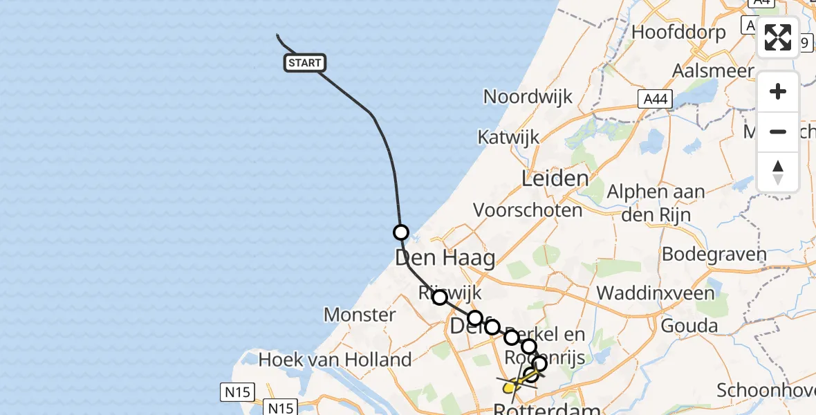 Routekaart van de vlucht: Kustwachthelikopter naar Rotterdam The Hague Airport, Otterdijk