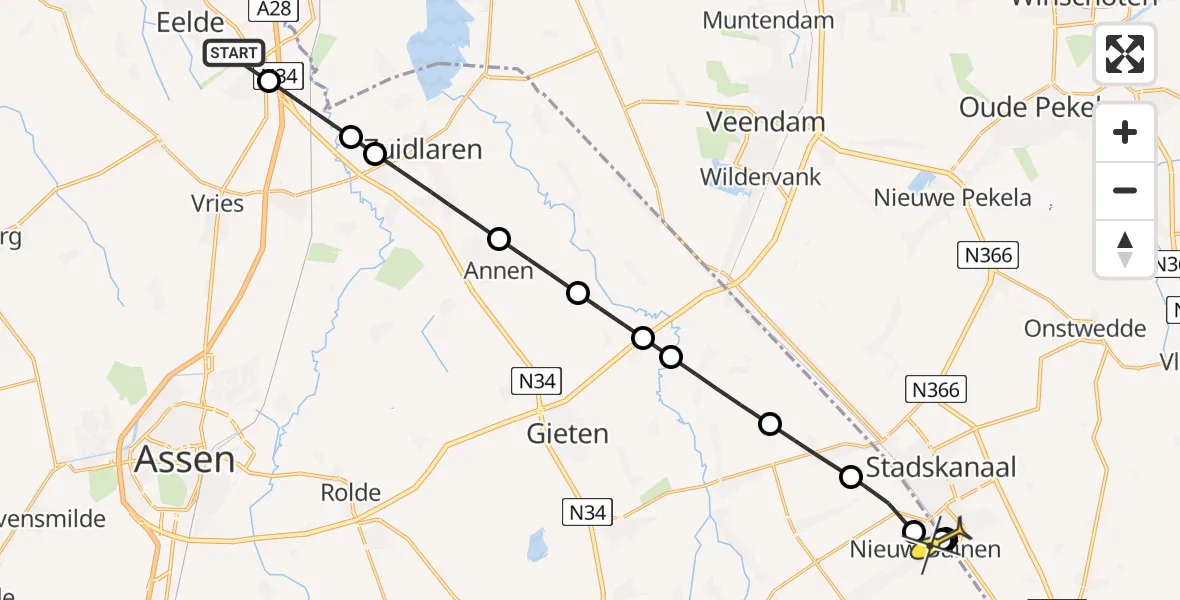 Routekaart van de vlucht: Lifeliner 4 naar Nieuw-Buinen, Oosterveldweg