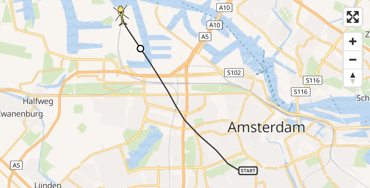 Routekaart van de vlucht: Lifeliner 1 naar Amsterdam Heliport, Kinkerstraat