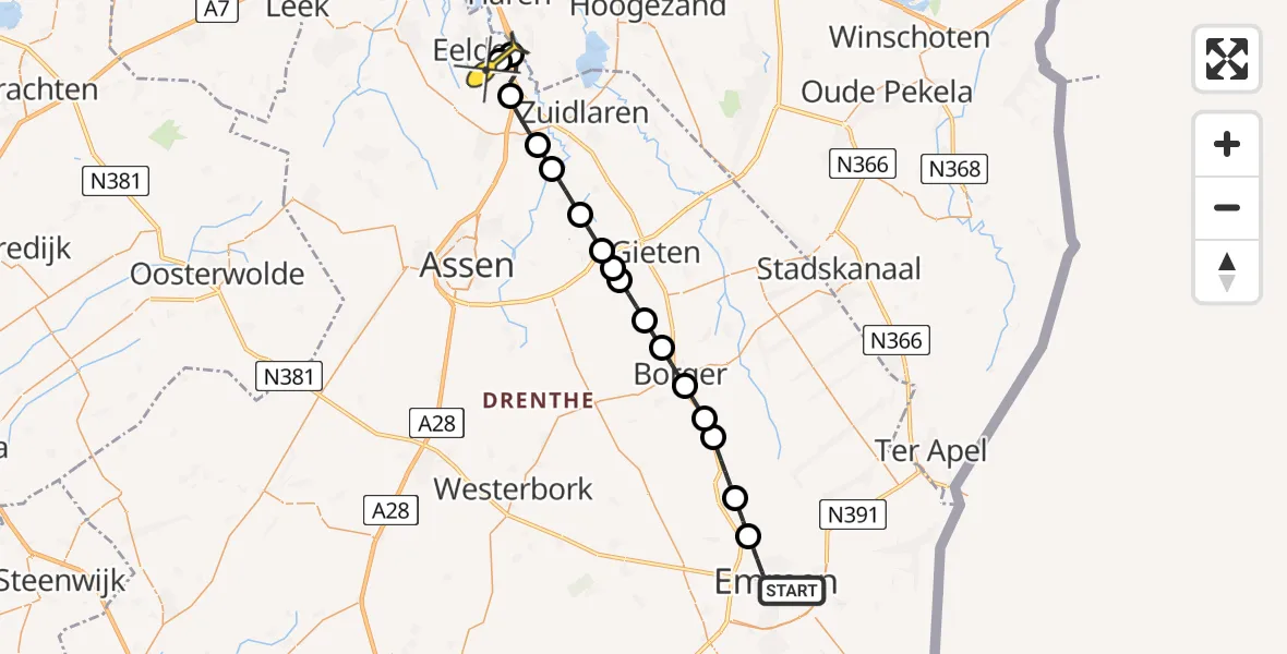 Routekaart van de vlucht: Lifeliner 4 naar Groningen Airport Eelde, Hondsrugweg