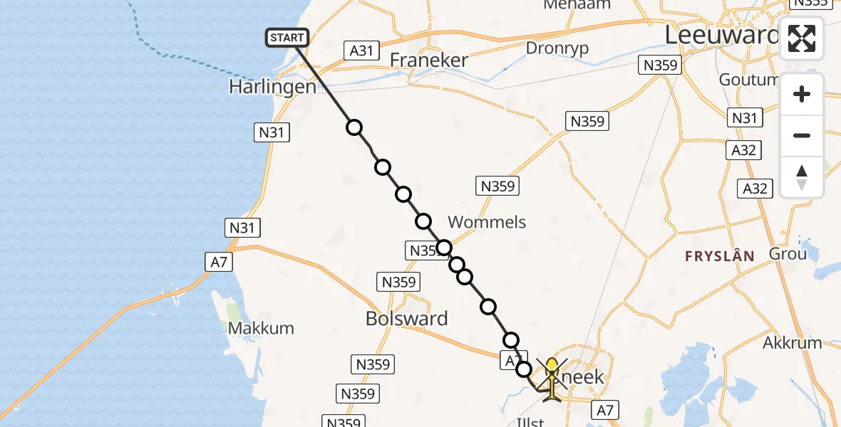 Routekaart van de vlucht: Ambulanceheli naar Sneek, Herbaijumerweg