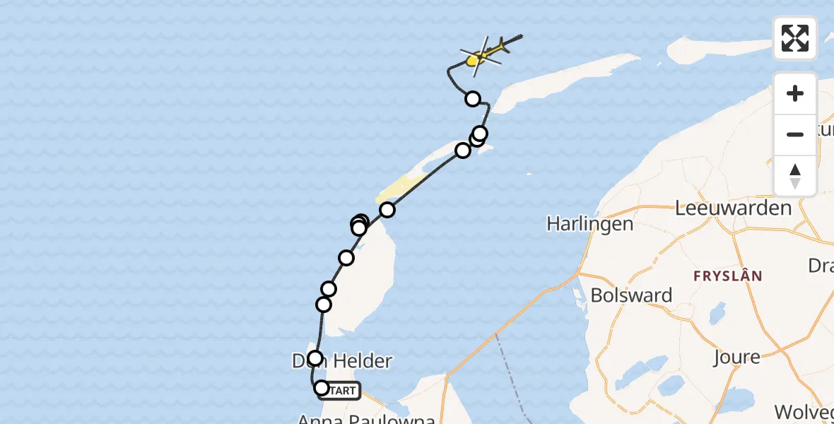 Routekaart van de vlucht: Kustwachthelikopter naar Middenvliet