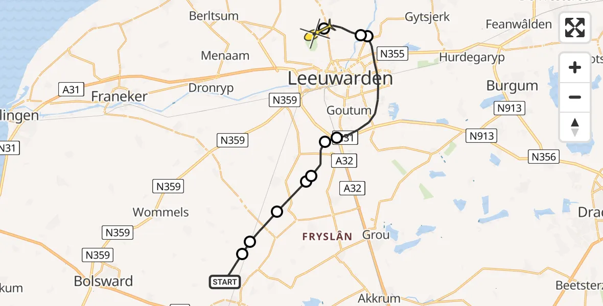 Routekaart van de vlucht: Ambulanceheli naar Vliegbasis Leeuwarden, Warinxvliet