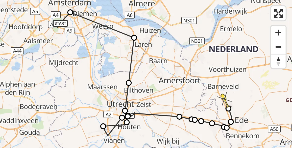 Routekaart van de vlucht: Politieheli naar Lunteren, Maasstraat