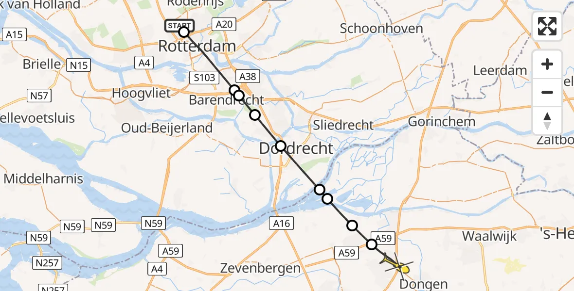 Routekaart van de vlucht: Lifeliner 2 naar Oosterhout, Rijs-en-daalpad