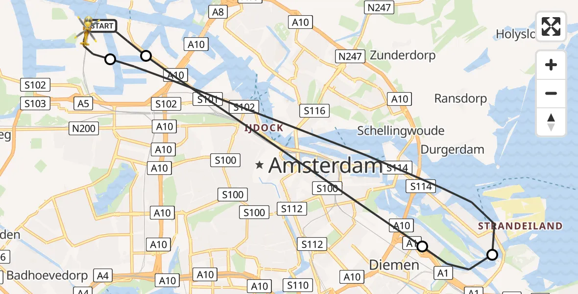 Vluchtroute Traumahelikopter van Amsterdam Heliport naar Amsterdam Heliport