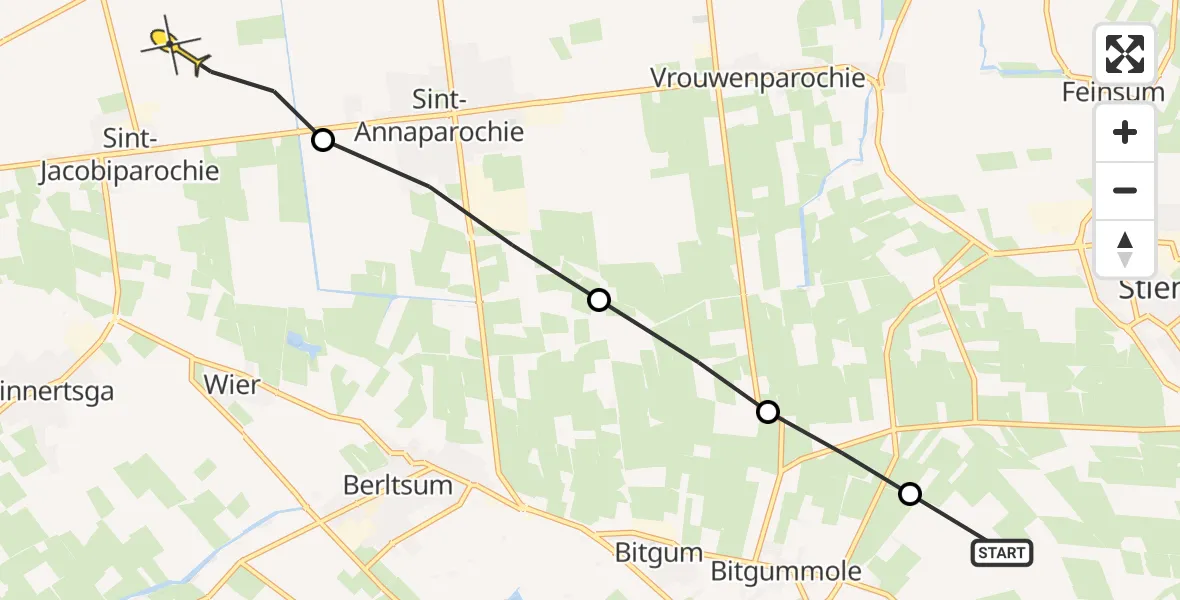 Routekaart van de vlucht: Ambulanceheli naar St.-Jacobiparochie, Nijlânsdyk